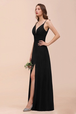 Очаровательное черное платье для подружек невесты с глубоким V-образным вырезом и разрезом по бокам с тонкими бретельками_6