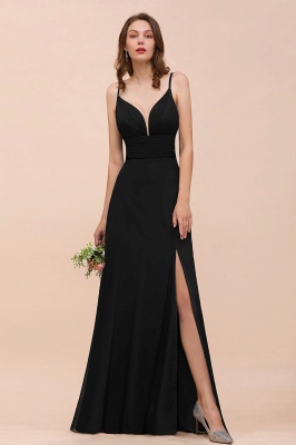 Очаровательное черное платье для подружек невесты с глубоким V-образным вырезом и разрезом по бокам с тонкими бретельками_1