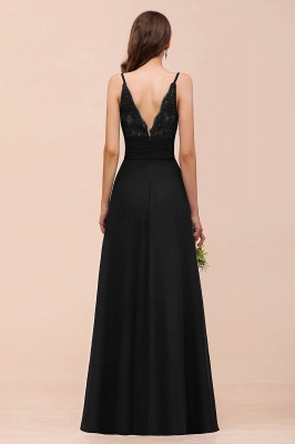 Очаровательное черное платье для подружек невесты с глубоким V-образным вырезом и разрезом по бокам с тонкими бретельками_3