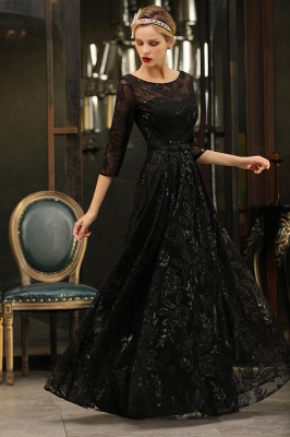 Acacia | Scoop neck Long Sleeves Black Prom Dresses with Sparkly Floral Designs_1