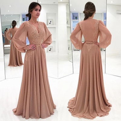 Elegant Champagne Puffy Sleeves Mother of the bride Dress | V-Neck Chiffon A-line Evening Gowns_4