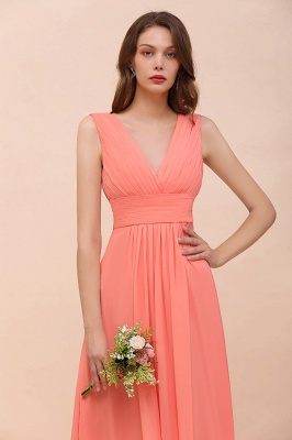 Coral V-Neck Aline Bridesmaid Dress Sleeveless Wedding Guest Dress_6