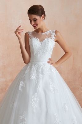 Каин | Белое свадебное платье с иллюзией и кружевными аппликациями, V-образный вырез без рукавов Дешевые свадебные платья онлайн_4