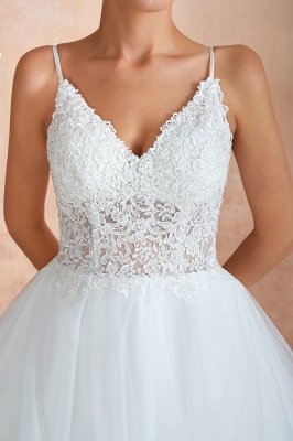 Camille | White Ball Gown Wedding Dress with Chapel Train, Spaghetti Strap See-through Lace up Bridal Gowns for Sale_4