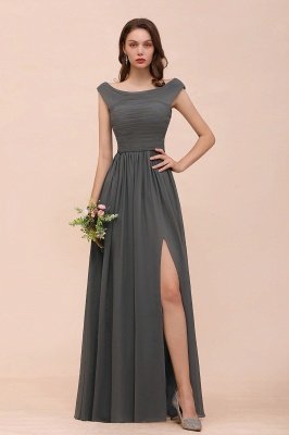 Grey Cap Sleeves 100D Chiffon Long Evening Dress with Side Slit_1