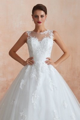 Каин | Белое свадебное платье с иллюзией и кружевными аппликациями, V-образный вырез без рукавов Дешевые свадебные платья онлайн_8