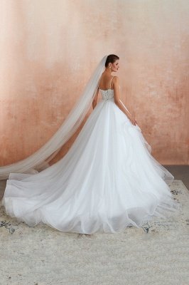Camille | White Ball Gown Wedding Dress with Chapel Train, Spaghetti Strap See-through Lace up Bridal Gowns for Sale_8