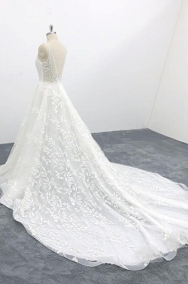 White Sweetheart Lace A-line princess Court Train Wedding Dress_4