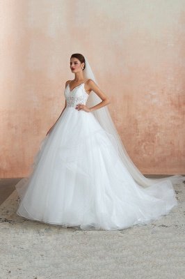 Camille | White Ball Gown Wedding Dress with Chapel Train, Spaghetti Strap See-through Lace up Bridal Gowns for Sale_6