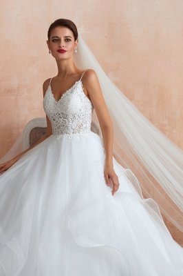 Camille | White Ball Gown Wedding Dress with Chapel Train, Spaghetti Strap See-through Lace up Bridal Gowns for Sale_7