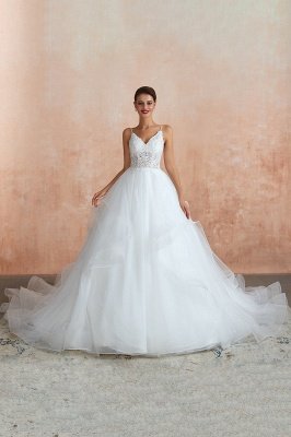 Camille | White Ball Gown Wedding Dress with Chapel Train, Spaghetti Strap See-through Lace up Bridal Gowns for Sale_9