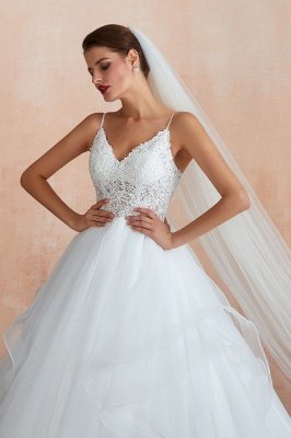 Camille | White Ball Gown Wedding Dress with Chapel Train, Spaghetti Strap See-through Lace up Bridal Gowns for Sale_11