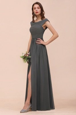Grey Cap Sleeves 100D Chiffon Long Evening Dress with Side Slit_9