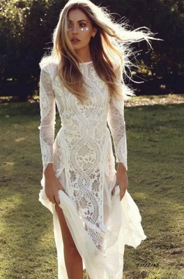 Elegante vestido de novia de playa de encaje sin espalda de manga larga de Boho | Vestidos de novia casuales de verano simples online_1