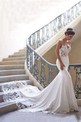 Кружевное свадебное платье с тонкими лямками и шлейфом в сети | Белые свадебные платья до 200 долларов_1