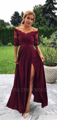 Burgundy Платья для выпускного с короткими рукавами и открытыми плечами с разрезом | Дешевые шифоновые платья_2
