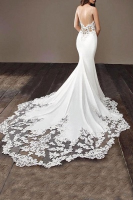 Кружевное свадебное платье с тонкими лямками и шлейфом в сети | Белые свадебные платья до 200 долларов_5