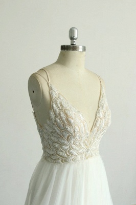 V-neck Lace White Floor length Simple Wedding Dresses_5