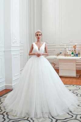 Sexy V-neck sleeveless White Princess Spring Wedding Dress | Elegant Low Back Bridal Gowns with Belt_12