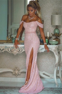 Блестящие блестки розовые платья выпускного вечера с разрезом | Сексуальные вечерние платья с открытыми плечами дешево_1