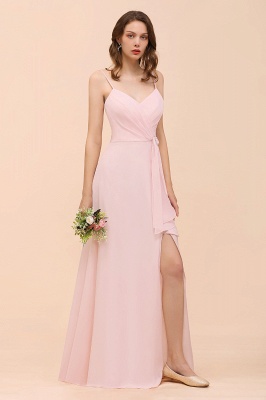 Spaghetti Straps Pink Chiffon Wedding Party Dress Sleeveless Long Bridesmaid Dress_8