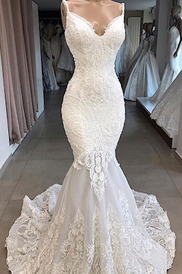 Elegant Spaghetti Strap V-neck White Sleeveless Mermaid Open Back Wedding Dress with Chapel Train_1