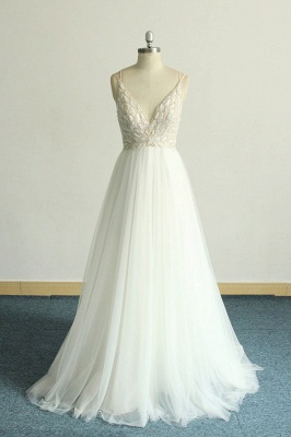 V-neck Lace White Floor length Simple Wedding Dresses_1