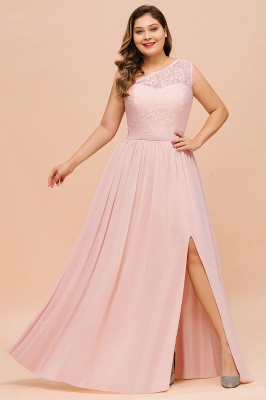 One shoulder Lace Aline Evening Dress Pink Bridesmaid Dress with Side Slit_4