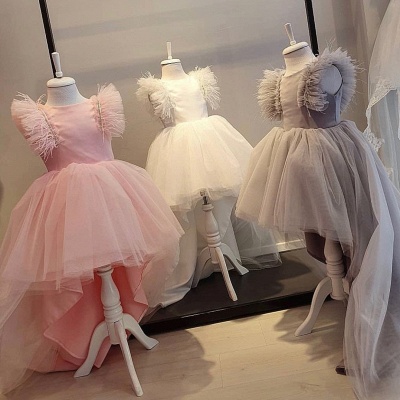 Pink Tulle High Low Flower Girl Dresses | Lovely White Cap Sleeves Little Girls Pageant Dresses_2