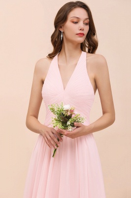 Rosa schlichtes Brautjungfernkleid mit V-Ausschnitt Aline Chiffon Hochzeitsgastkleid_8