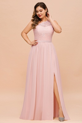 One shoulder Lace Aline Evening Dress Pink Bridesmaid Dress with Side Slit_5