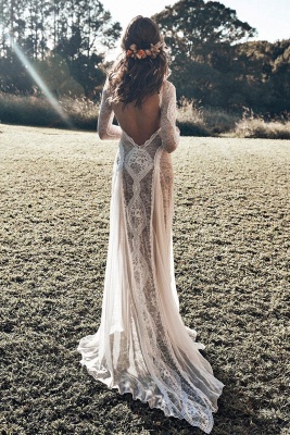Elegante vestido de novia de playa de encaje sin espalda de manga larga de Boho | Vestidos de novia casuales de verano simples online_4