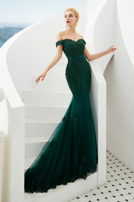 Harvey | Günstige Emerald Green Mermaid Tüll Prom Kleid mit Perlen Spitze Appliques_3