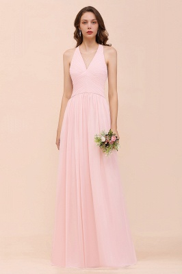 Rosa schlichtes Brautjungfernkleid mit V-Ausschnitt Aline Chiffon Hochzeitsgastkleid_1