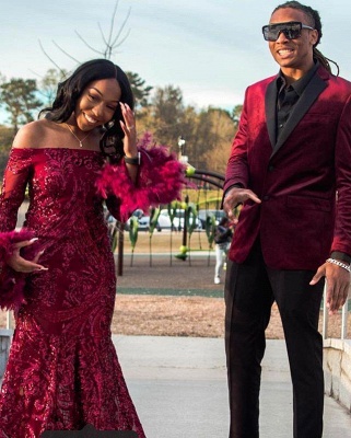 Sexy Off-the-shoulder Burgundy Shining Sequined Long Prom Dress with Fur_4