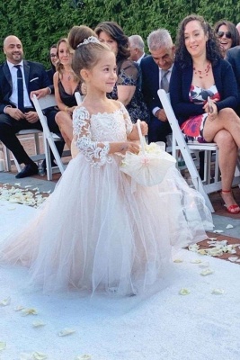 Lovely Princess Jewel Long Sleeves Long Flower Girl Dresses | Ivory Little Girls Peagant Dress with Bowknot_1