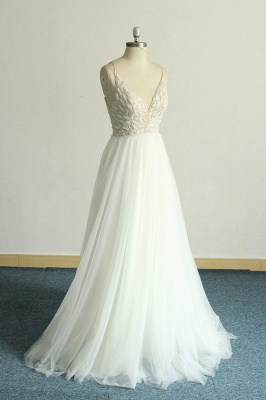 V-neck Lace White Floor length Simple Wedding Dresses_4