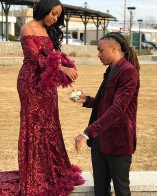 Sexy Off-the-shoulder Burgundy Shining Sequined Long Prom Dress with Fur_5