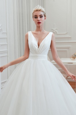 Sexy Vestido de Noiva Primavera Princesa Branco sem mangas com decote em V | Elegantes vestidos de noiva lombares com cinto_11