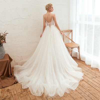 Summer Spaghetti Straps Plunging V-neck Champange Wedding Dress | Sexy Low Back Bridal Gowns Online_23