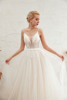 Summer Spaghetti Straps Plunging V-neck Champange Wedding Dress | Sexy Low Back Bridal Gowns Online_21