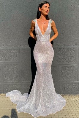 Deep V-neck Sparkling Sequins Beading Sexy Evening Gowns | Backless Mermaid Sleeveless Prom Dresses With Court Train_1