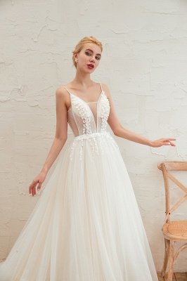 Summer Spaghetti Straps Plunging V-neck Champange Wedding Dress | Sexy Low Back Bridal Gowns Online_19