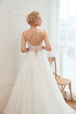 Summer Spaghetti Straps Plunging V-neck Champange Wedding Dress | Sexy Low Back Bridal Gowns Online_18