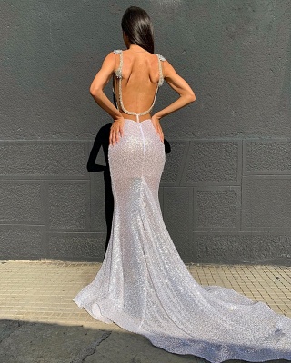 Deep V-neck Sparkling Sequins Beading Sexy Evening Gowns | Backless Mermaid Sleeveless Prom Dresses With Court Train_2