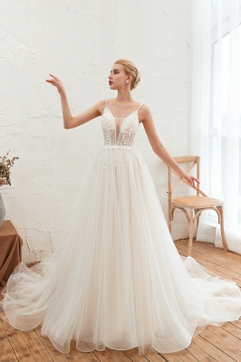 Summer Spaghetti Straps Plunging V-neck Champange Wedding Dress | Sexy Low Back Bridal Gowns Online_11