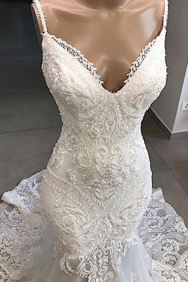 Элегантное спагетти-ремешок с V-образным вырезом белое свадебное платье без рукавов с русалкой и открытой спиной_4