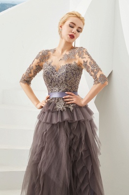 Modest Long Sleeve Grau Brautmutterkleid mit fließenden Rüschen | Elegantes Abendkleid mit Illusionsausschnitt_4