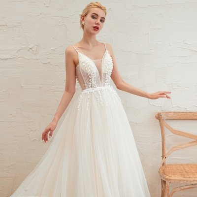 Summer Spaghetti Straps Plunging V-neck Champange Wedding Dress | Sexy Low Back Bridal Gowns Online_14