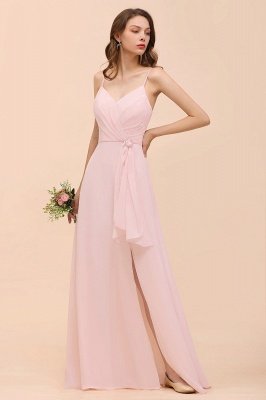 Spaghetti Straps Pink Chiffon Wedding Party Dress Sleeveless Long Bridesmaid Dress_4